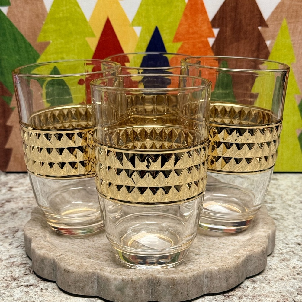 4-Set Luxe Glass Tumblers With Diamond-Cut Gold-Accent 12oz